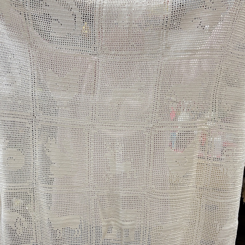 Ecru hand crocheted with animals possibly crib spread
